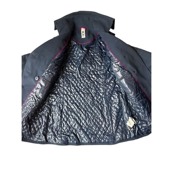 RUD By Rudsak Double Breasted Blue Pea Coat With Leather Trim Pockets - Picture 5 of 10